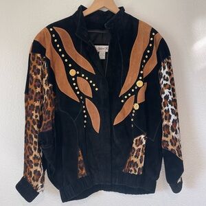 Vintage 90s Leopard Suede Black and Tan Bomber Jacket